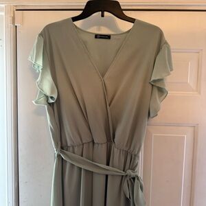 PrettyGarden Sage Midi Wrap Dress with Flutter Sleeves